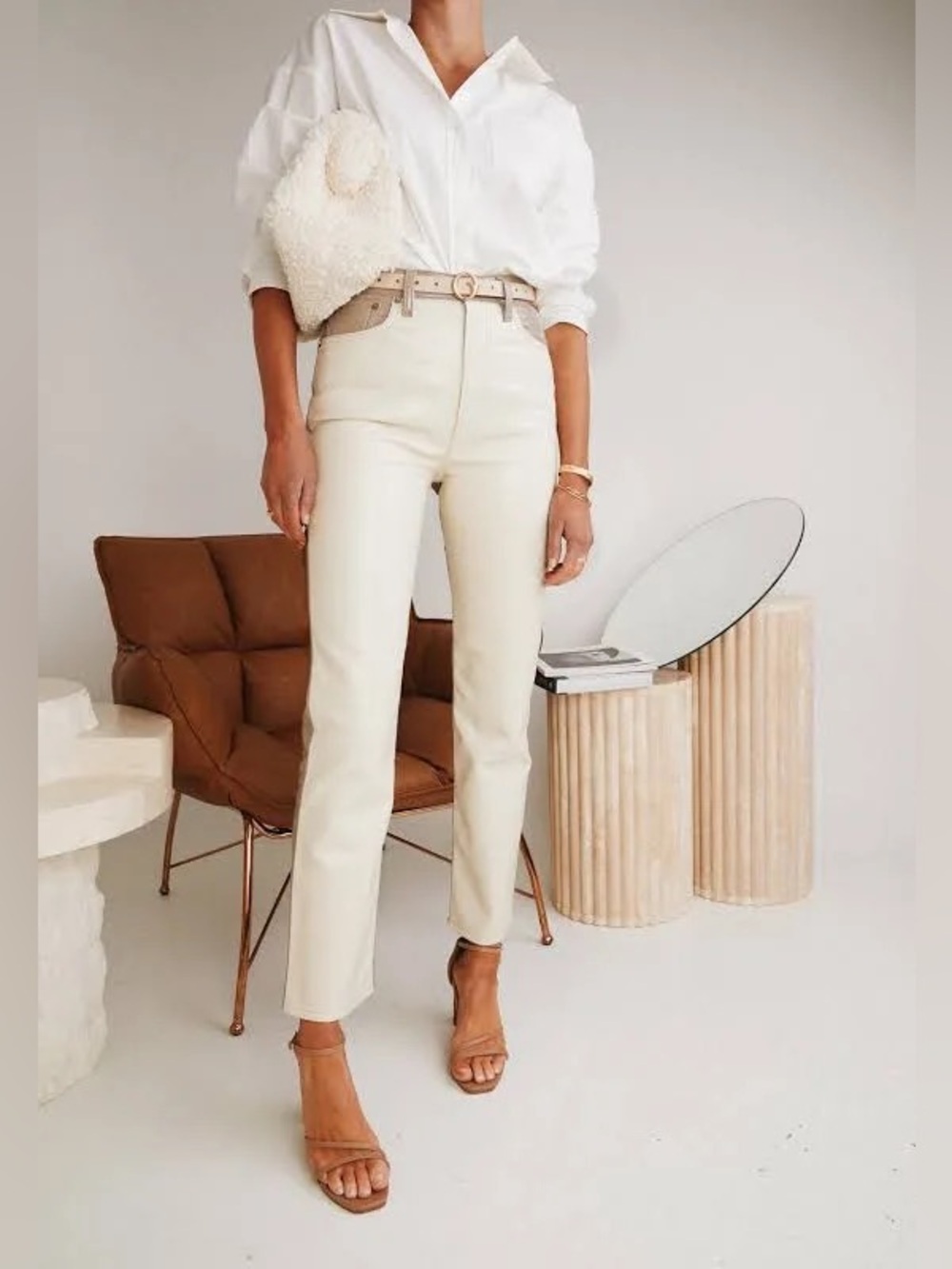 Agolde Panelled 90’s Pinch Waist Cream Tan Recycled Leather Pants
